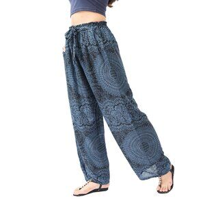 Navy Women Boho Harem Pants - Ribbon and Elastic Waist, Brown and Blue Beachwear